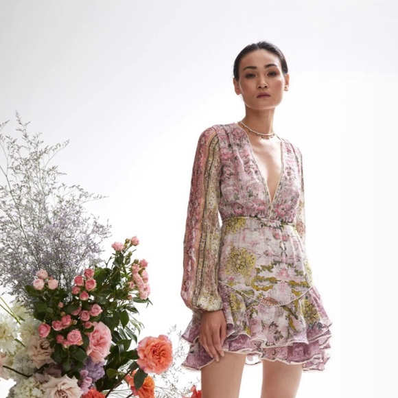 Hemant & Nandita Maya pink floral paisley ruffle V neck long sleeve mini dress S - Picture 2 of 16